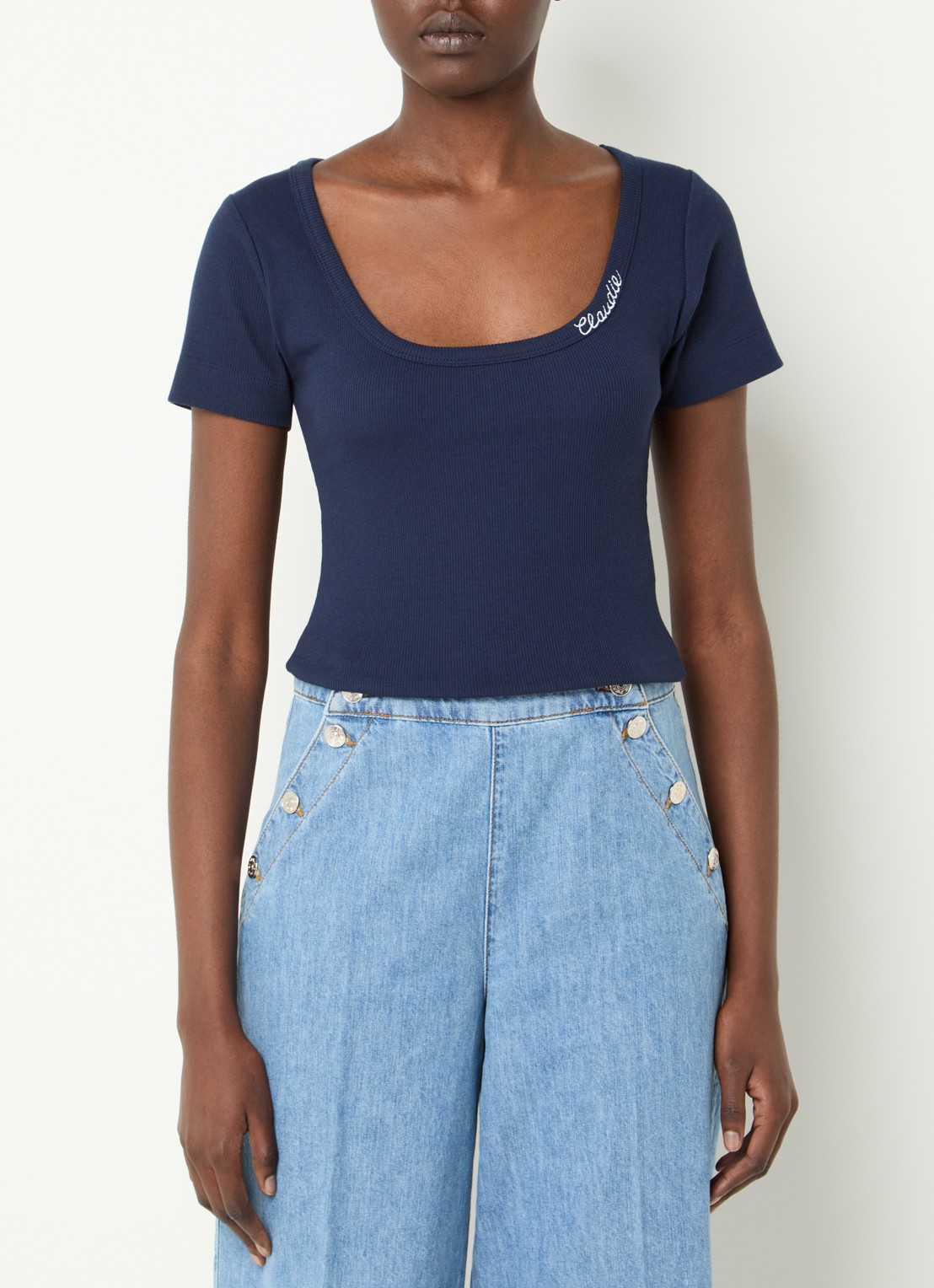 Claudie Pierlot Crop top met ribstructuur  - detail 2 blauw