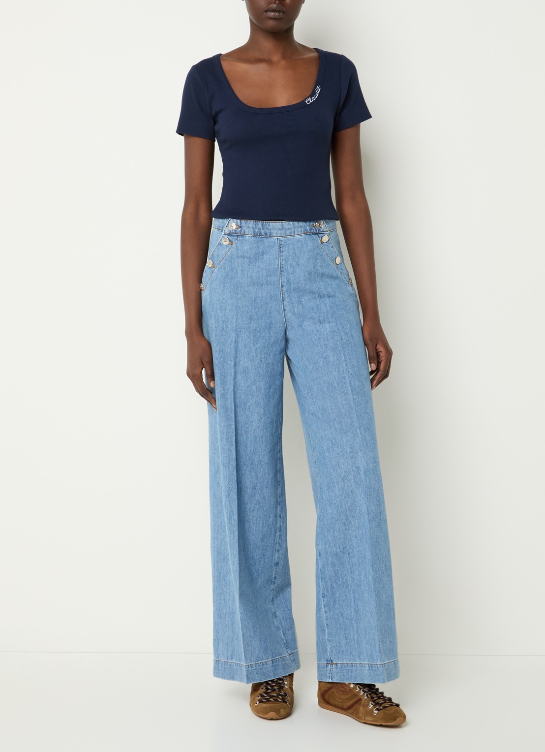 Claudie Pierlot Crop top met ribstructuur  - voorkant 4 blauw