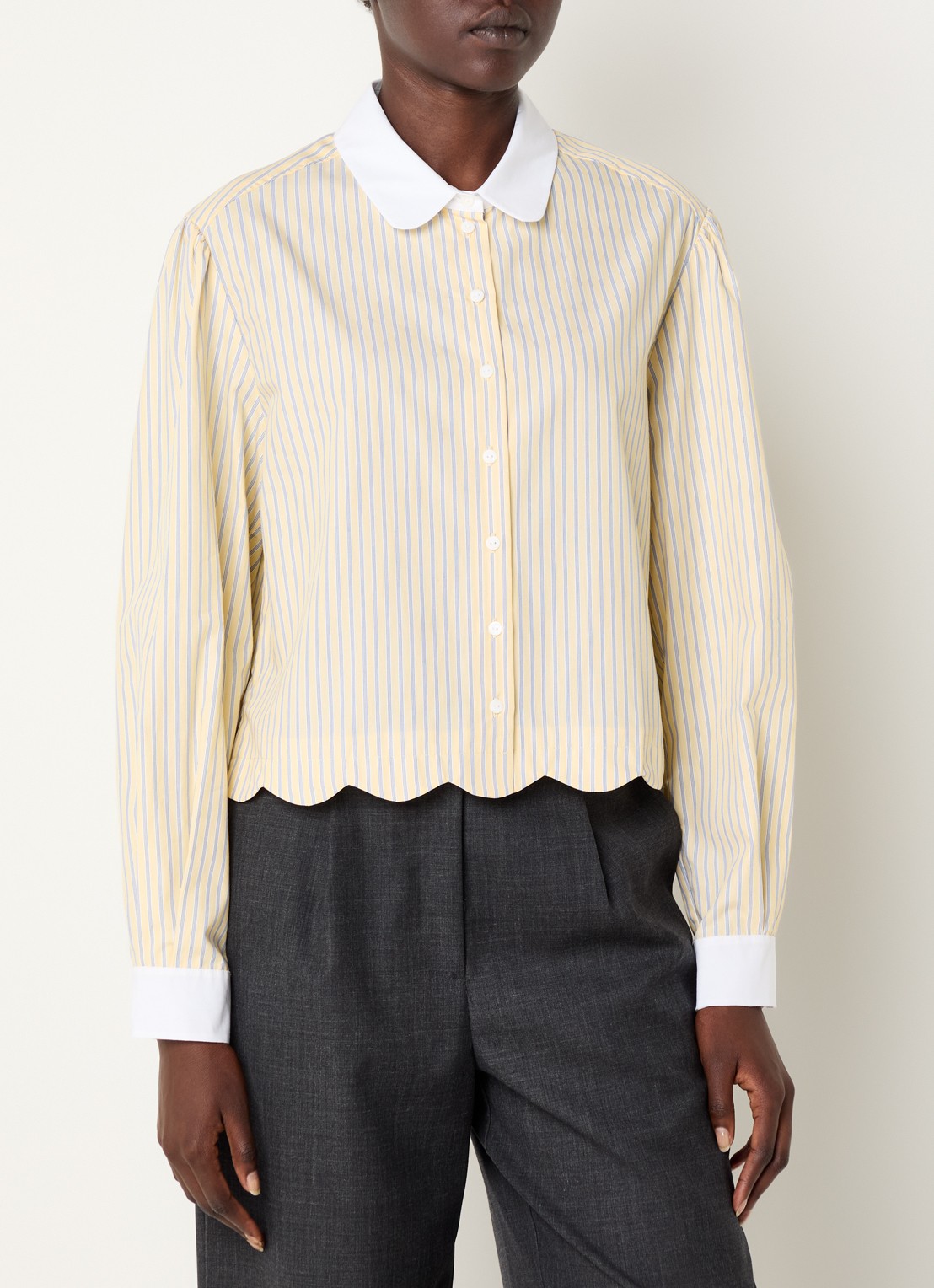 Claudie Pierlot Cropped blouse met streepprint - detail 4 vanillegeel