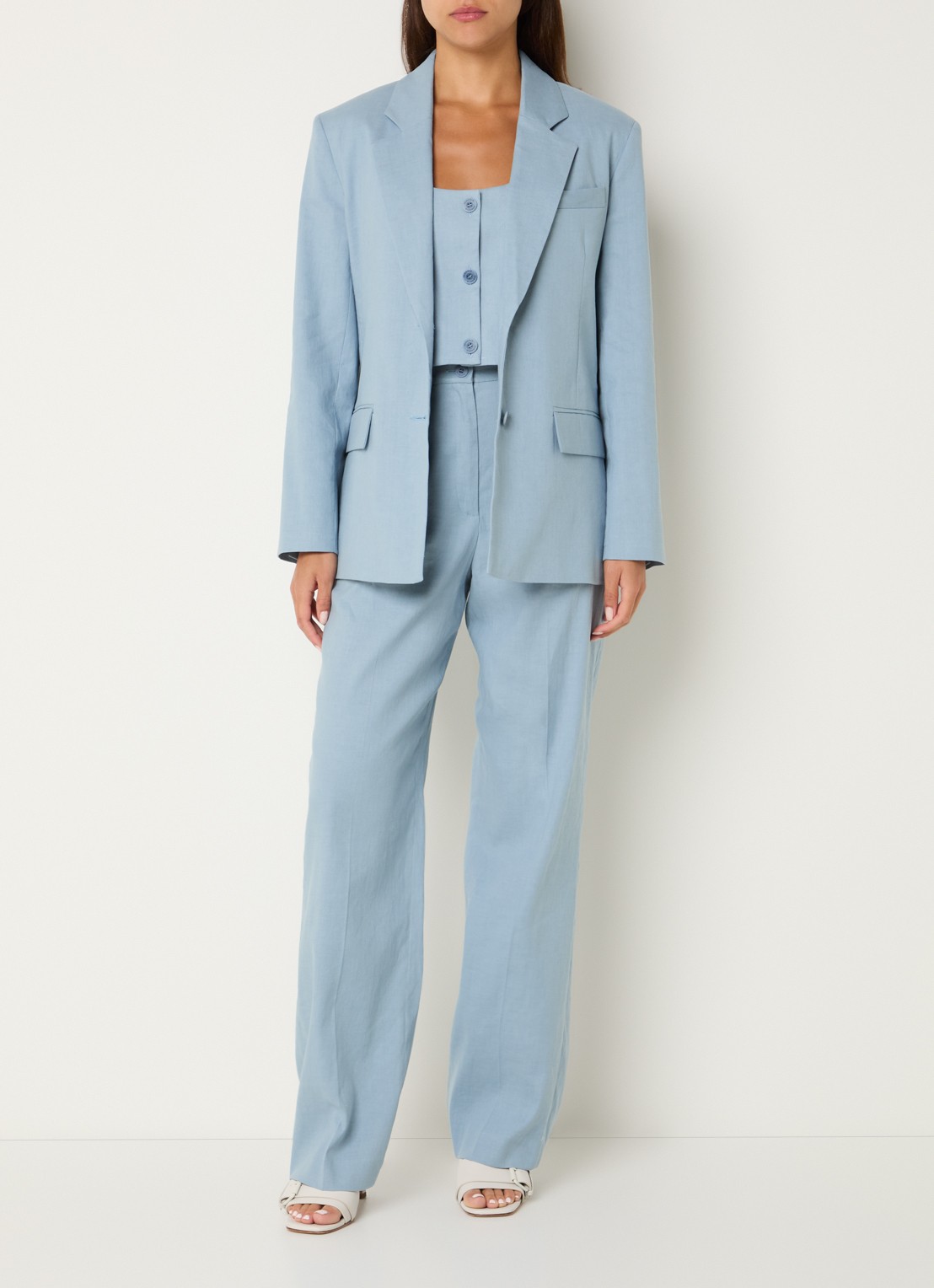 Claudie Pierlot Cropped gilet in linnenblend - voorkant 4 lichtblauw
