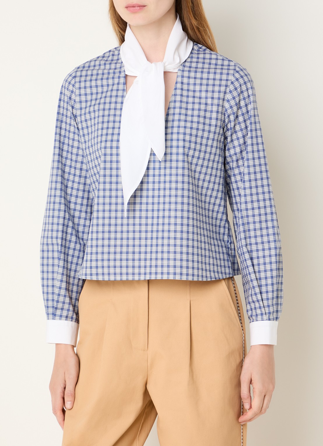 Claudie Pierlot Cropped tuniek met strikkraag en cut-out detail - detail 4 blauwgrijs