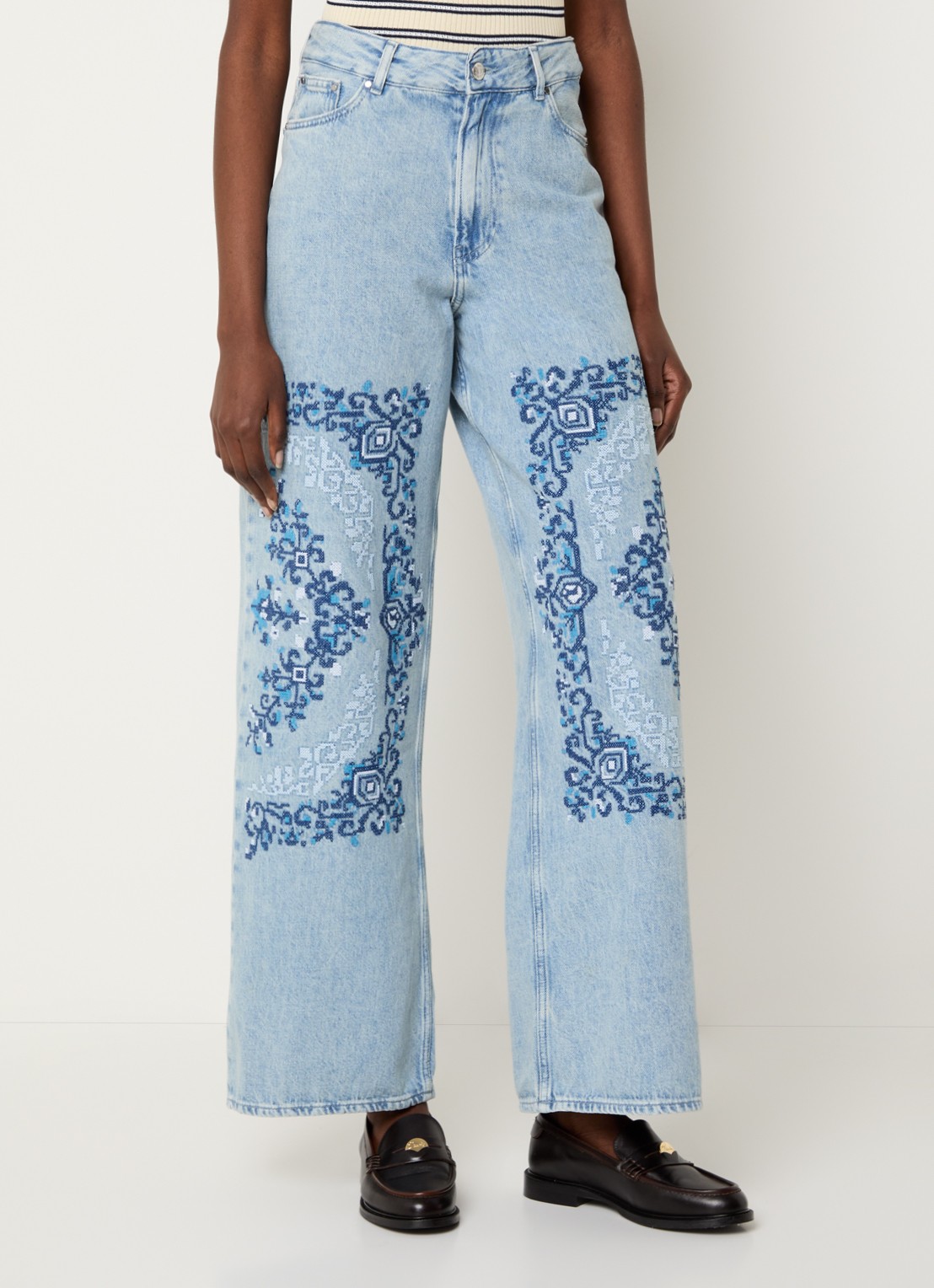 Claudie Pierlot Deborah high waist wide leg jeans met borduring - detail 2 indigo