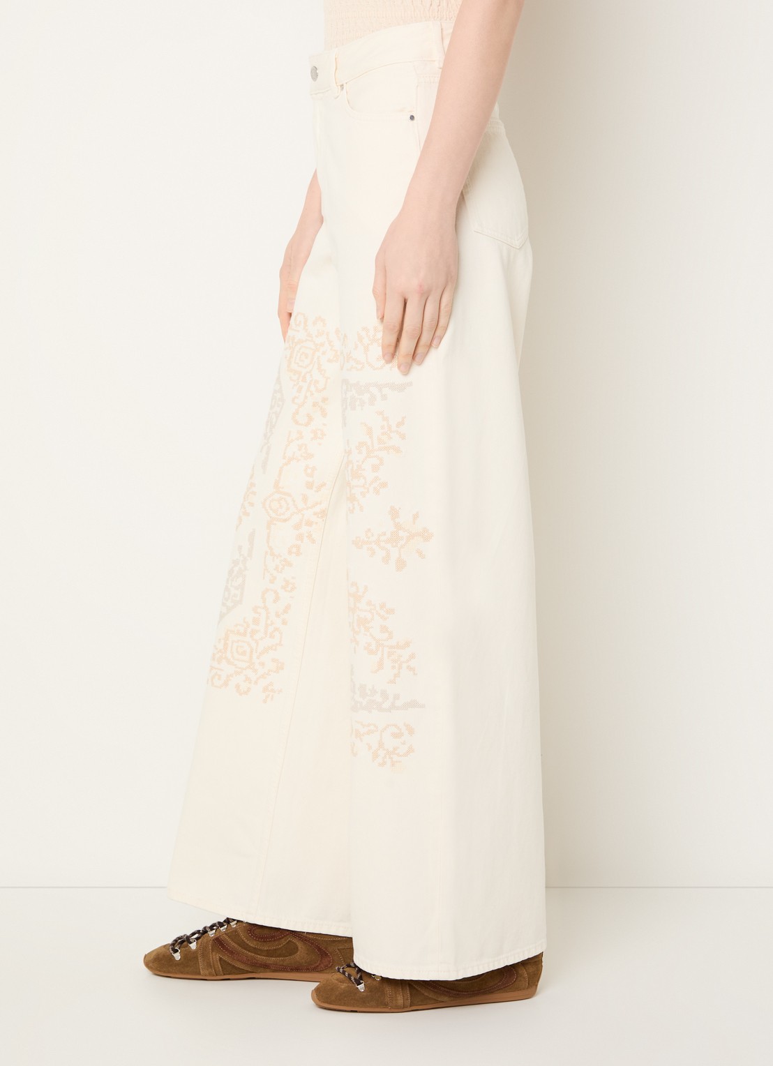 Claudie Pierlot Deborah high waist wide leg jeans met borduring - detail 5 gebroken wit