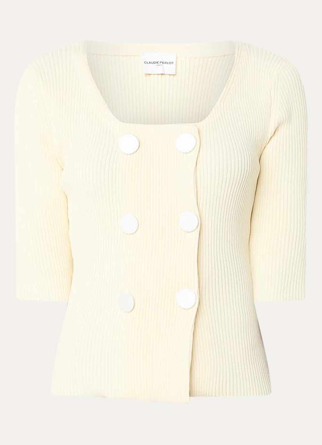 Claudie Pierlot  Double-breasted ribgebreid vest  - voorkant 2 vanillegeel