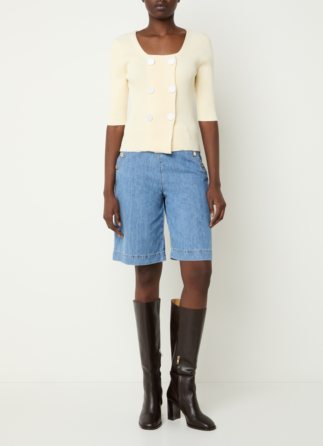 Claudie Pierlot  Double-breasted ribgebreid vest  - voorkant 3 vanillegeel