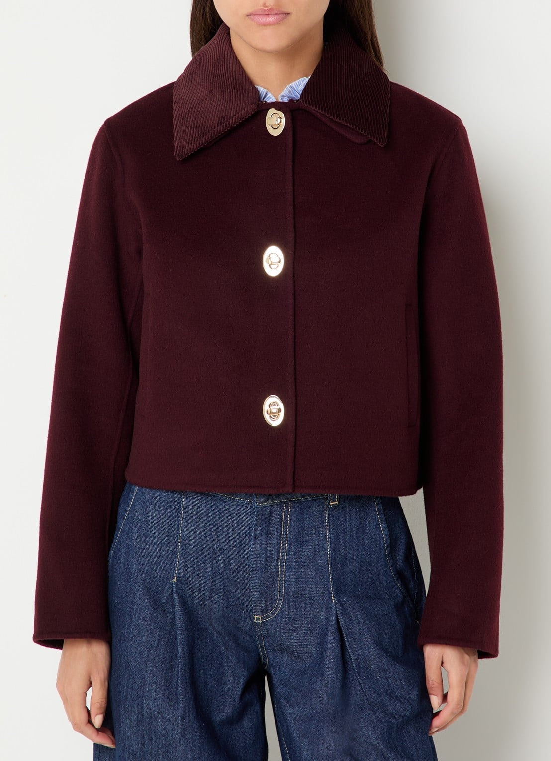 Claudie Pierlot Fijngebreid jack in wolblend - detail 3 bordeauxrood