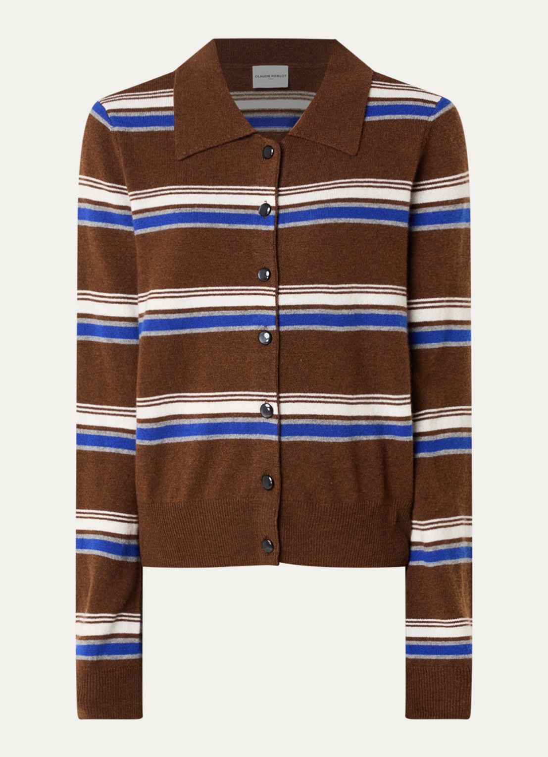 Claudie Pierlot Fijngebreid vest in kasjmierblend met streepprint - voorkant 3 hazelnootbruin