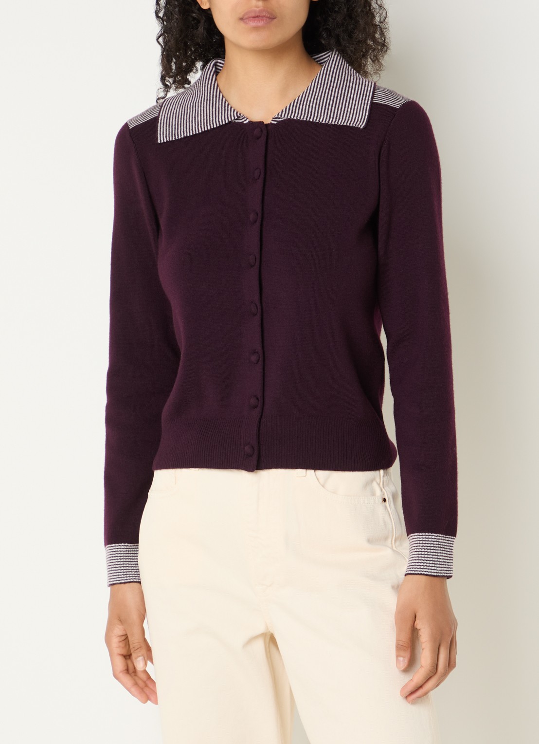 Claudie Pierlot Fijngebreid vest in wolblend met kraag - detail 4 aubergine
