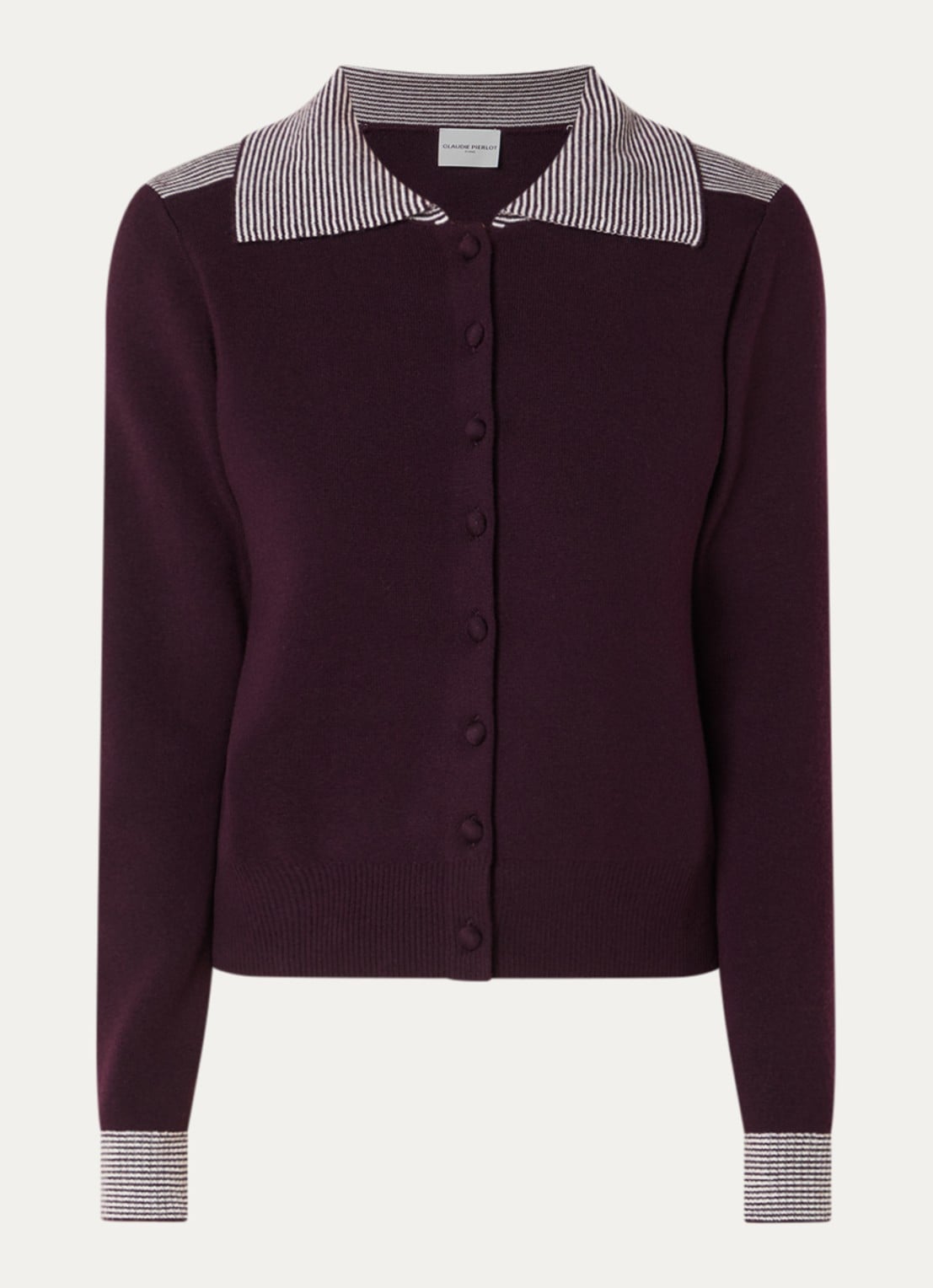 Claudie Pierlot Fijngebreid vest in wolblend met kraag - voorkant 2 aubergine