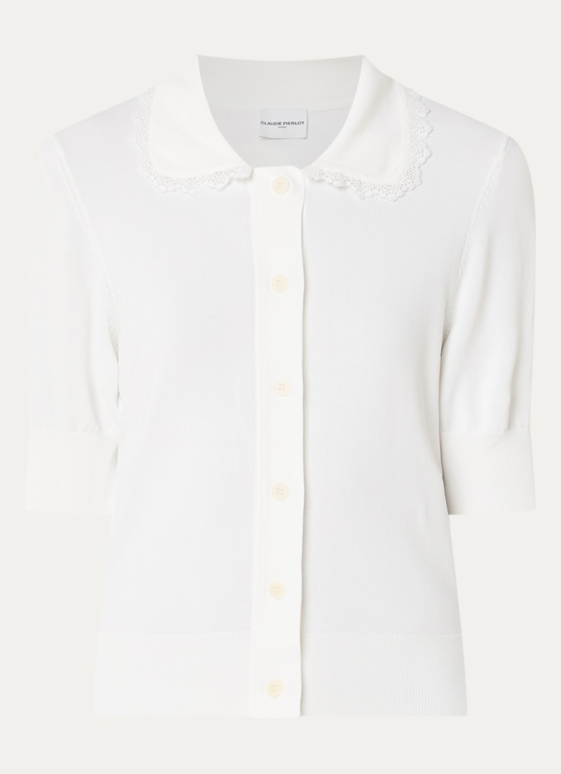 Claudie Pierlot Fijngebreid vest met broderie - voorkant 3 gebroken wit