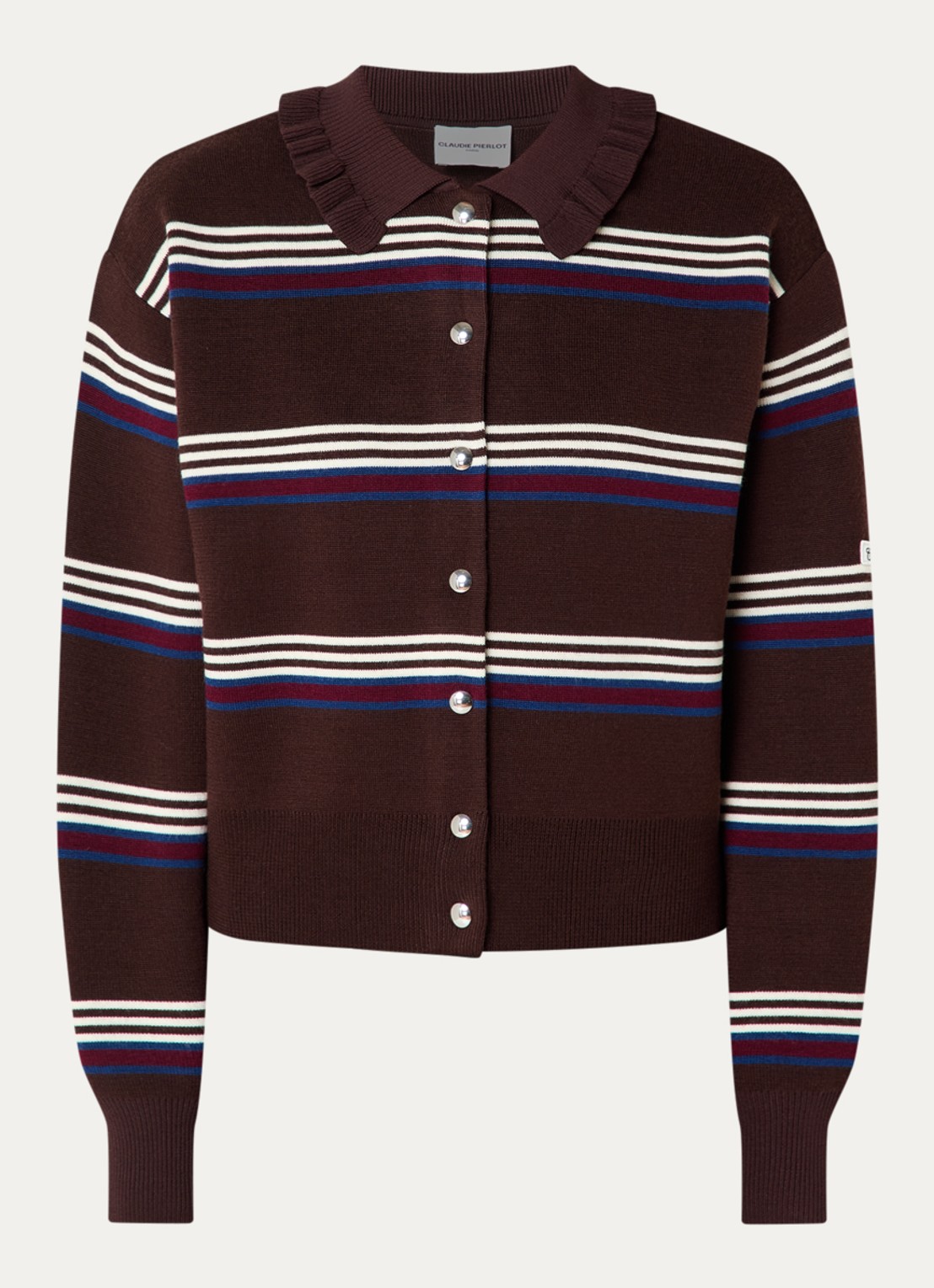 Claudie Pierlot Fijngebreid vest met streepprint  - voorkant 2 donkerbruin