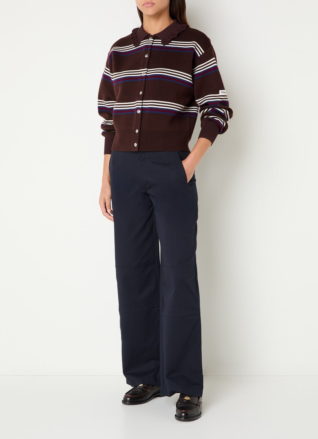 Claudie Pierlot Fijngebreid vest met streepprint  - voorkant 3 donkerbruin