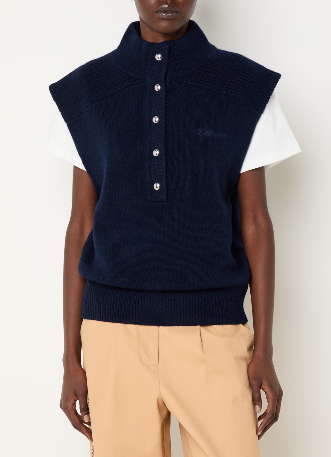 Claudie Pierlot Fijngebreide spencer van wol - detail donkerblauw