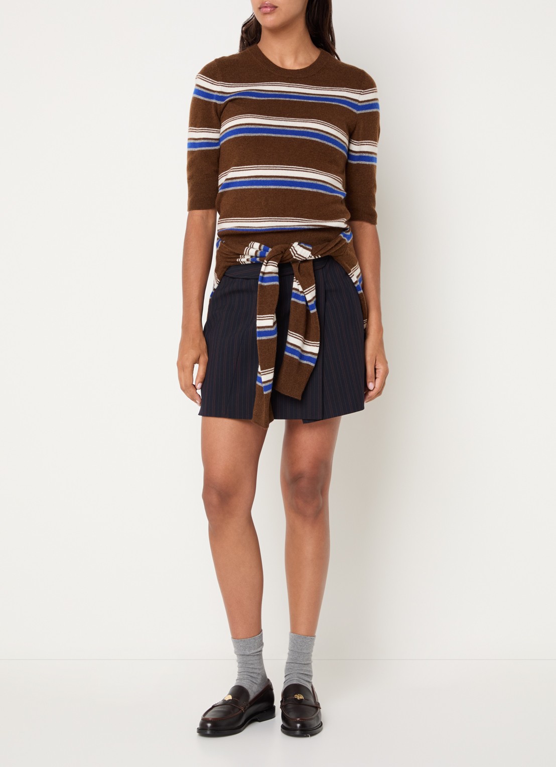 Claudie Pierlot Fijngebreide top in kasjmierblend met streepprint - voorkant 4 hazelnootbruin
