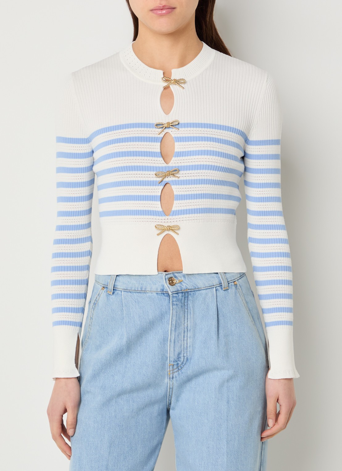 Claudie Pierlot Fijngebreide top met streepprint en cut-out detail - detail 3 blauwgrijs