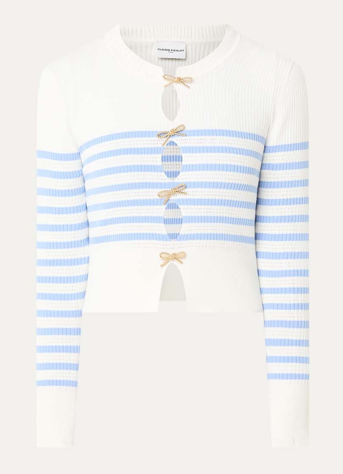 Claudie Pierlot Fijngebreide top met streepprint en cut-out detail - voorkant blauwgrijs