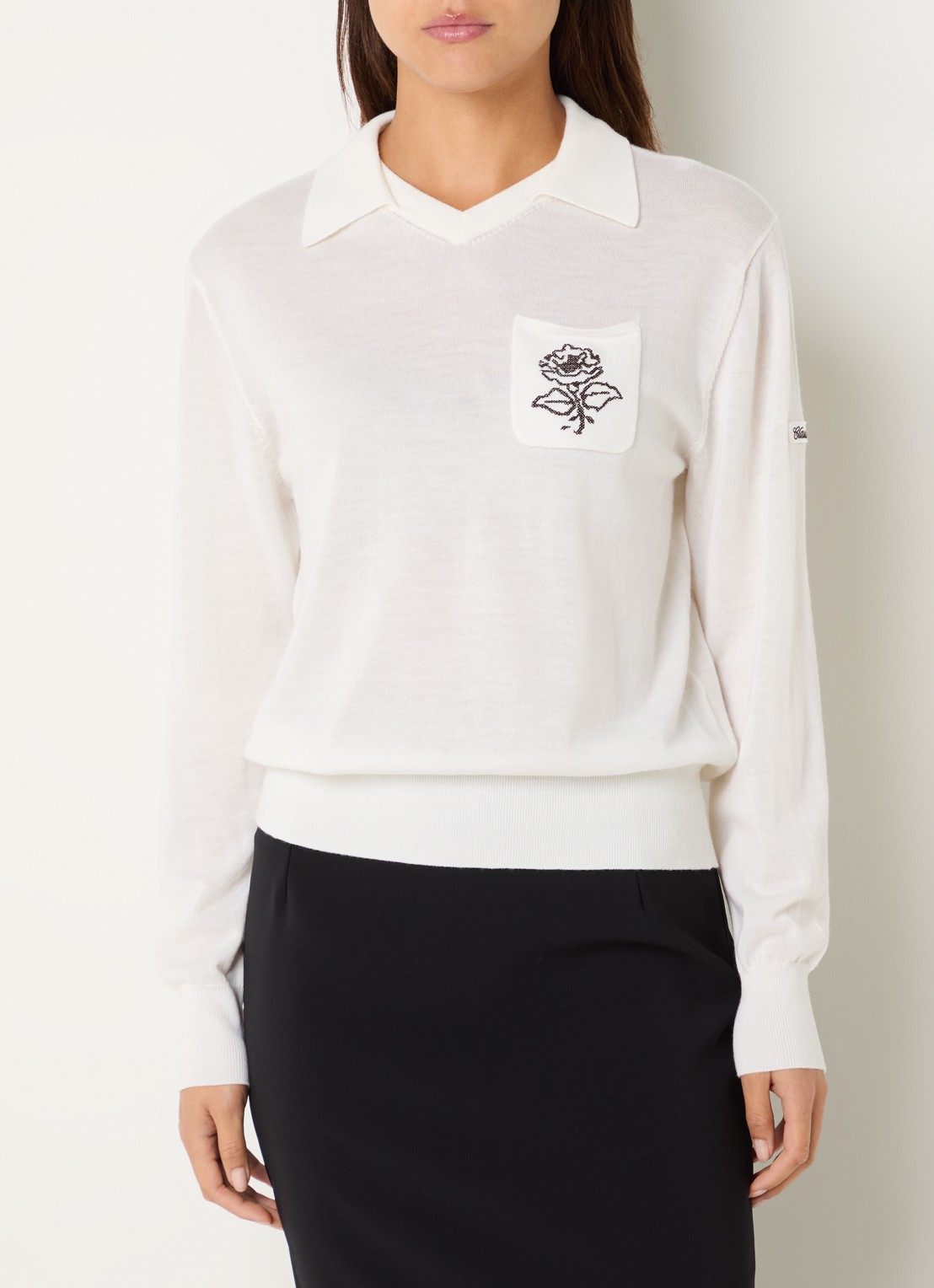 Claudie Pierlot Fijngebreide top van wol met borstzak - detail 4 gebroken wit