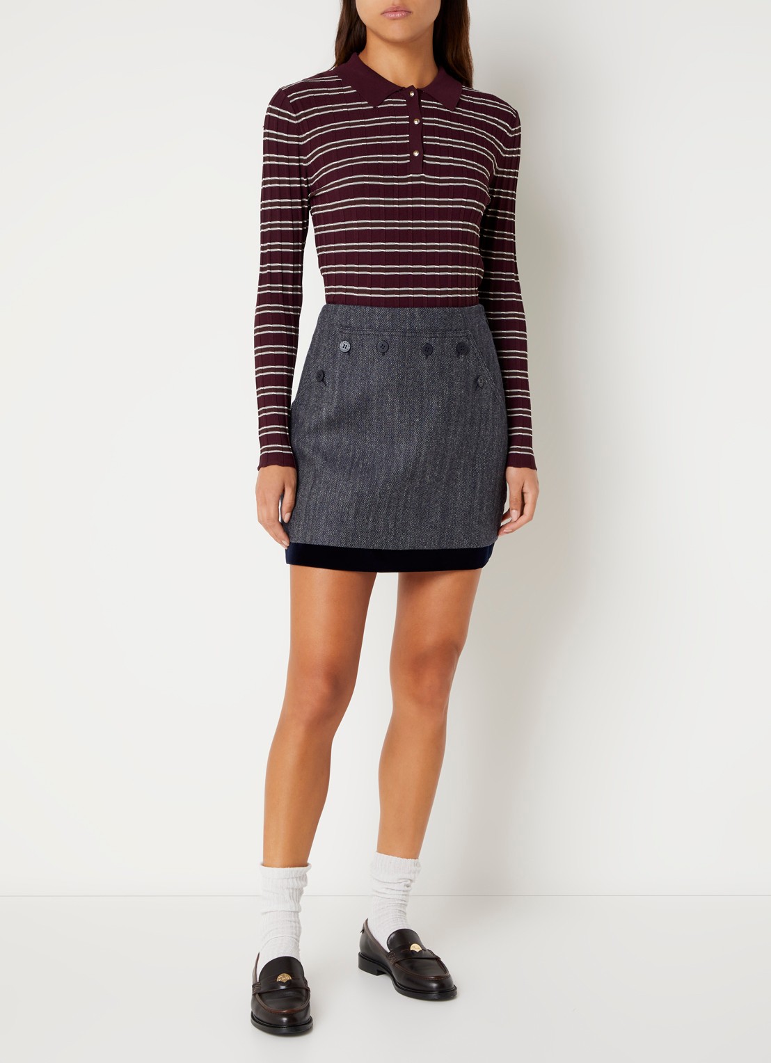 Claudie Pierlot Fijngebreide trui met streepprint - voorkant 2 aubergine