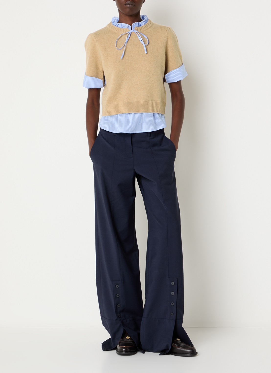 Claudie Pierlot Fijngebreide trui van wol met blouse-inzet - voorkant 2 beige
