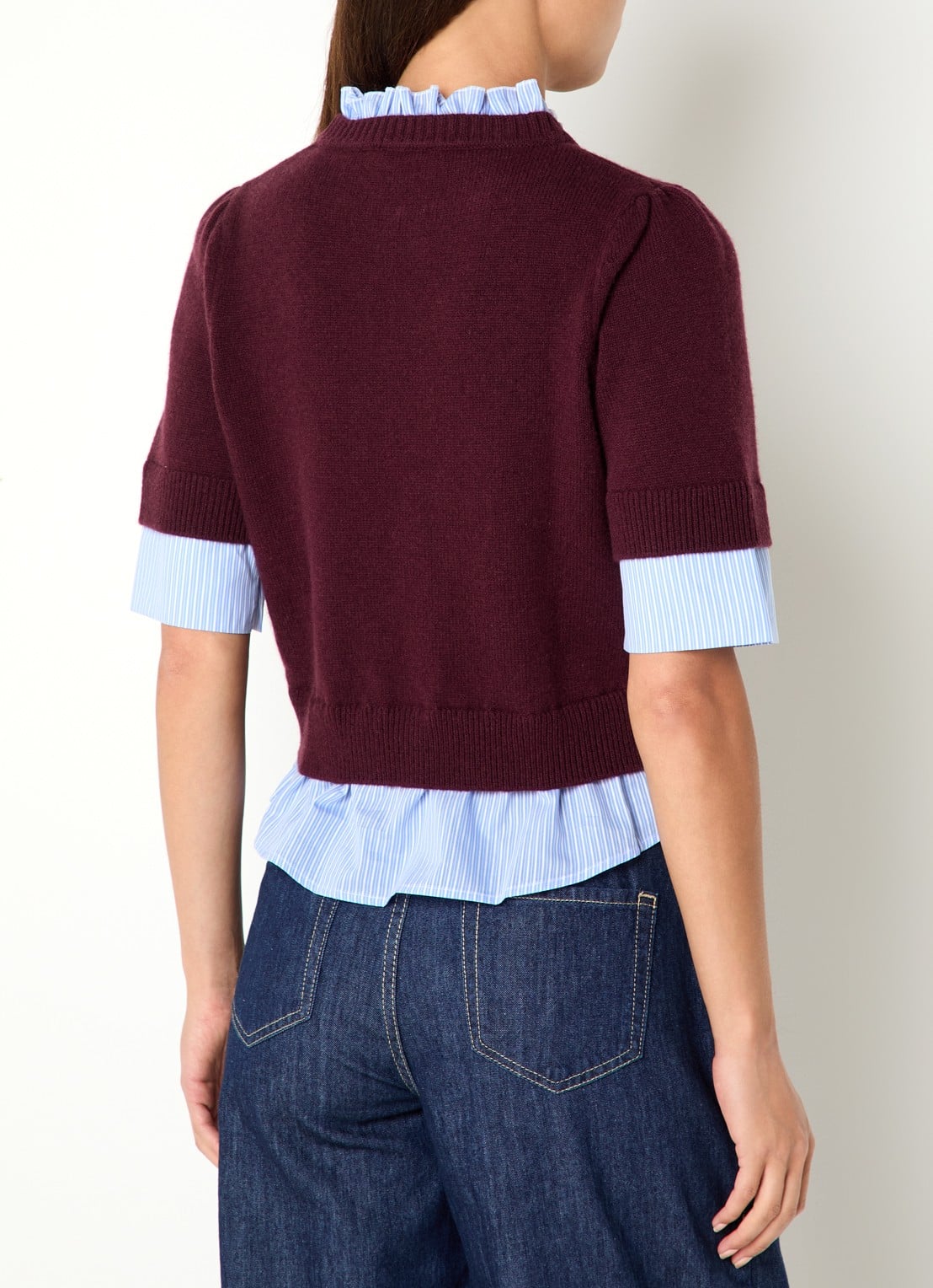 Claudie Pierlot Fijngebreide trui van wol met blouse-inzet - achterkant aubergine