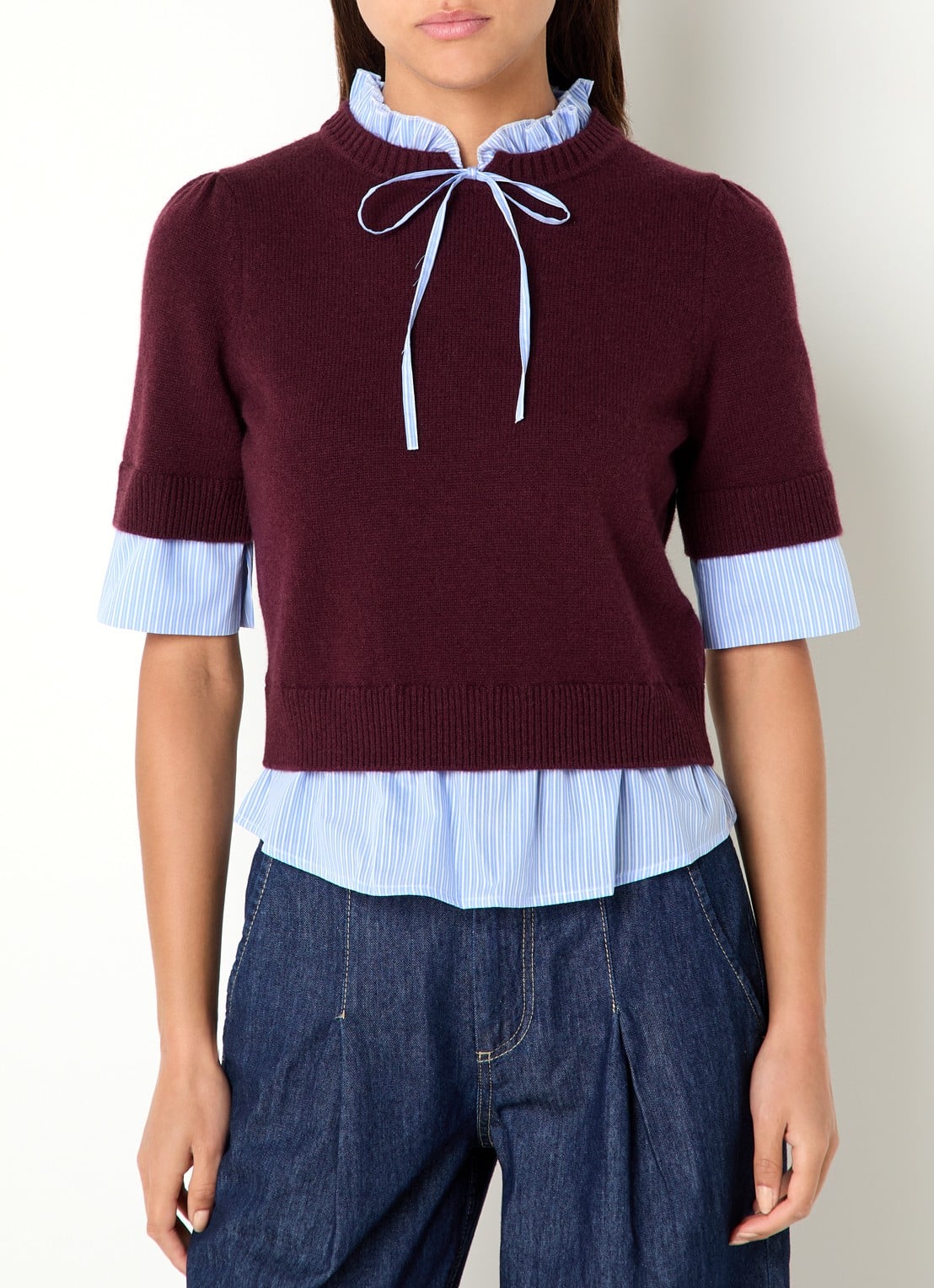 Claudie Pierlot Fijngebreide trui van wol met blouse-inzet - detail 4 aubergine