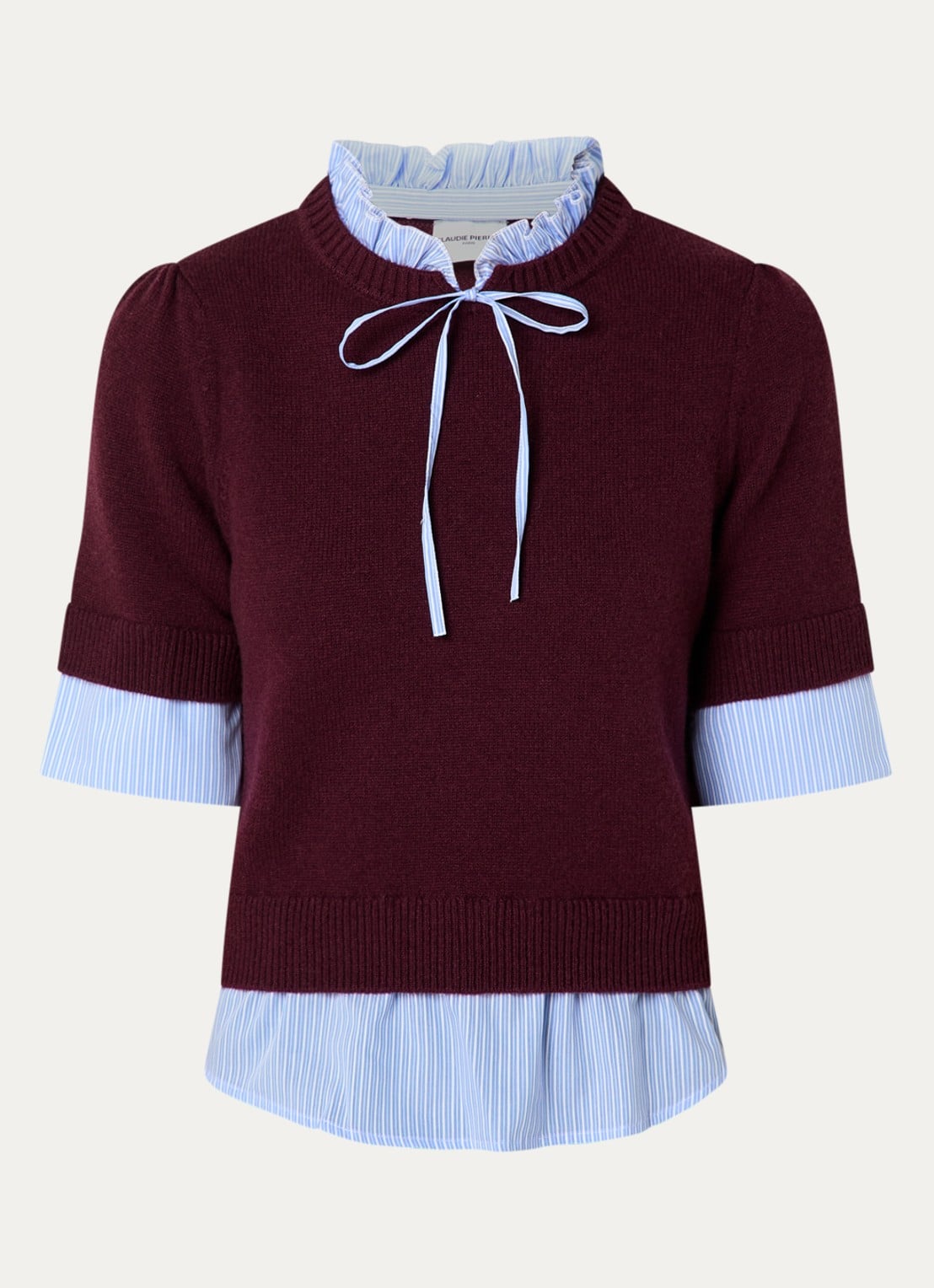Claudie Pierlot Fijngebreide trui van wol met blouse-inzet - voorkant 2 aubergine