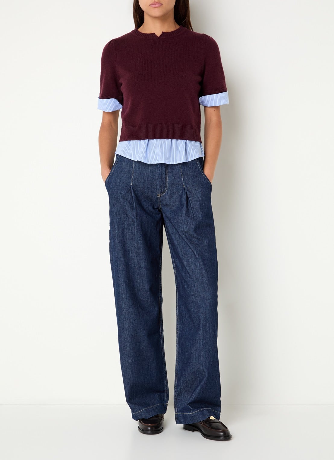 Claudie Pierlot Fijngebreide trui van wol met blouse-inzet - voorkant 3 aubergine