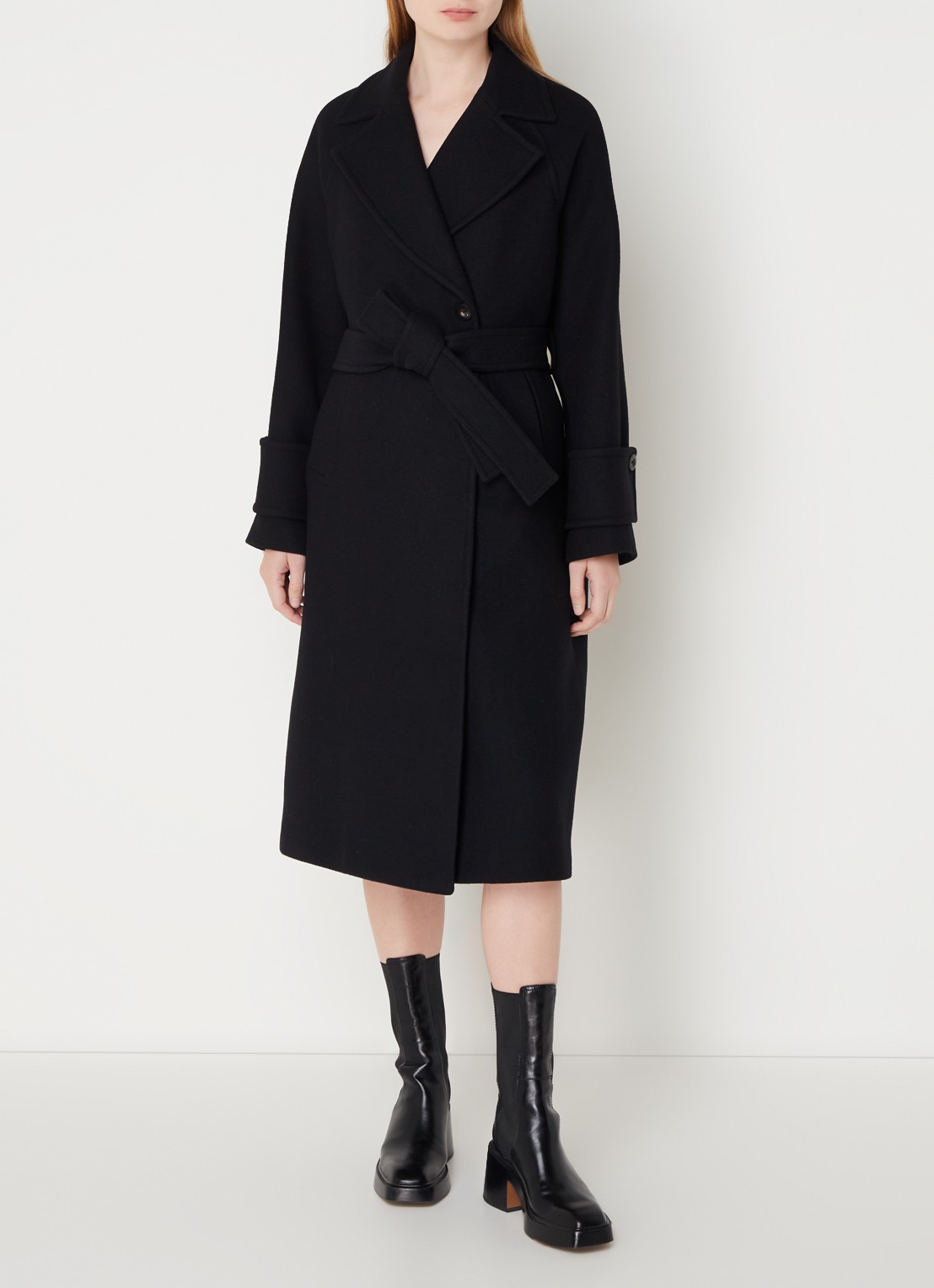 Claudie Pierlot Gama double-breasted mantel in wolblend met strikceintuur - detail 4 zwart