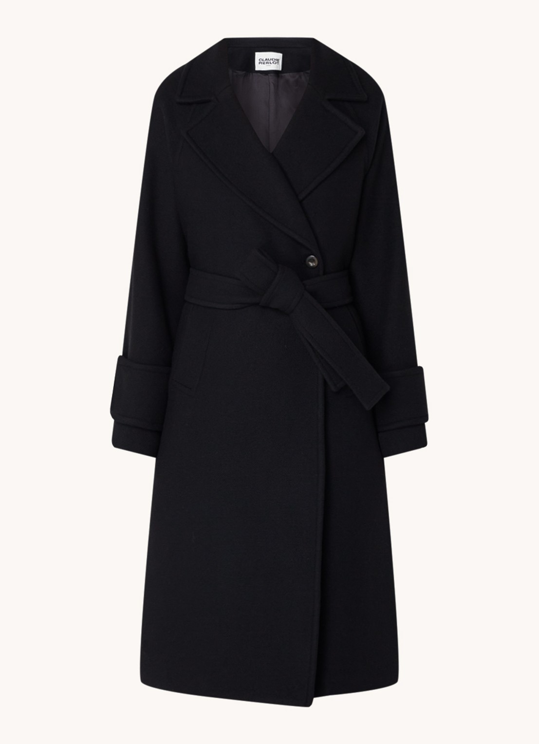 Claudie Pierlot Gama double-breasted mantel in wolblend met strikceintuur - voorkant 2 zwart