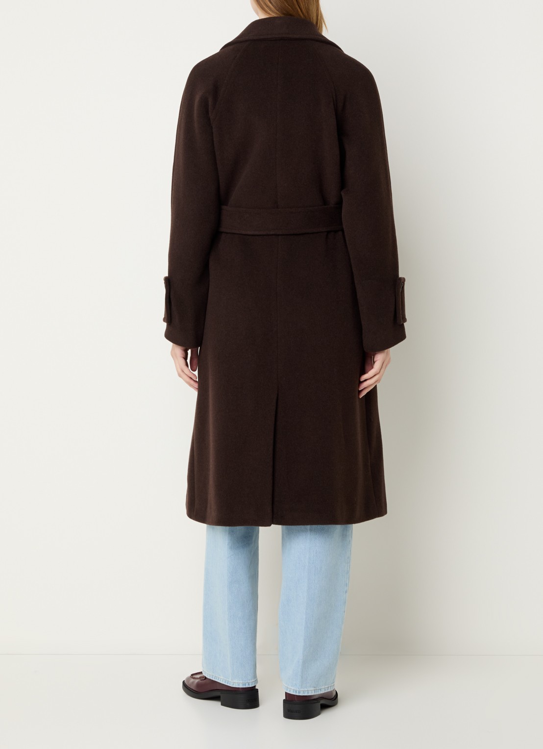Claudie Pierlot Gama mantel in wolblend met strikceintuur - achterkant 4 donkerbruin