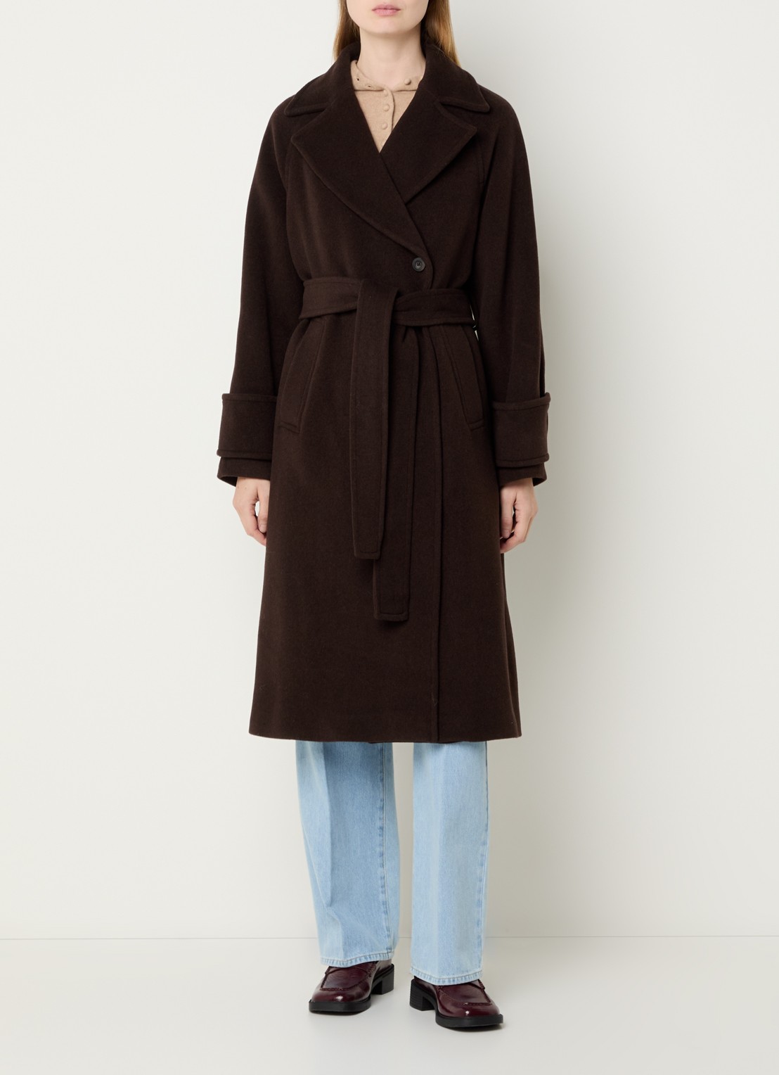 Claudie Pierlot Gama mantel in wolblend met strikceintuur - detail 3 donkerbruin