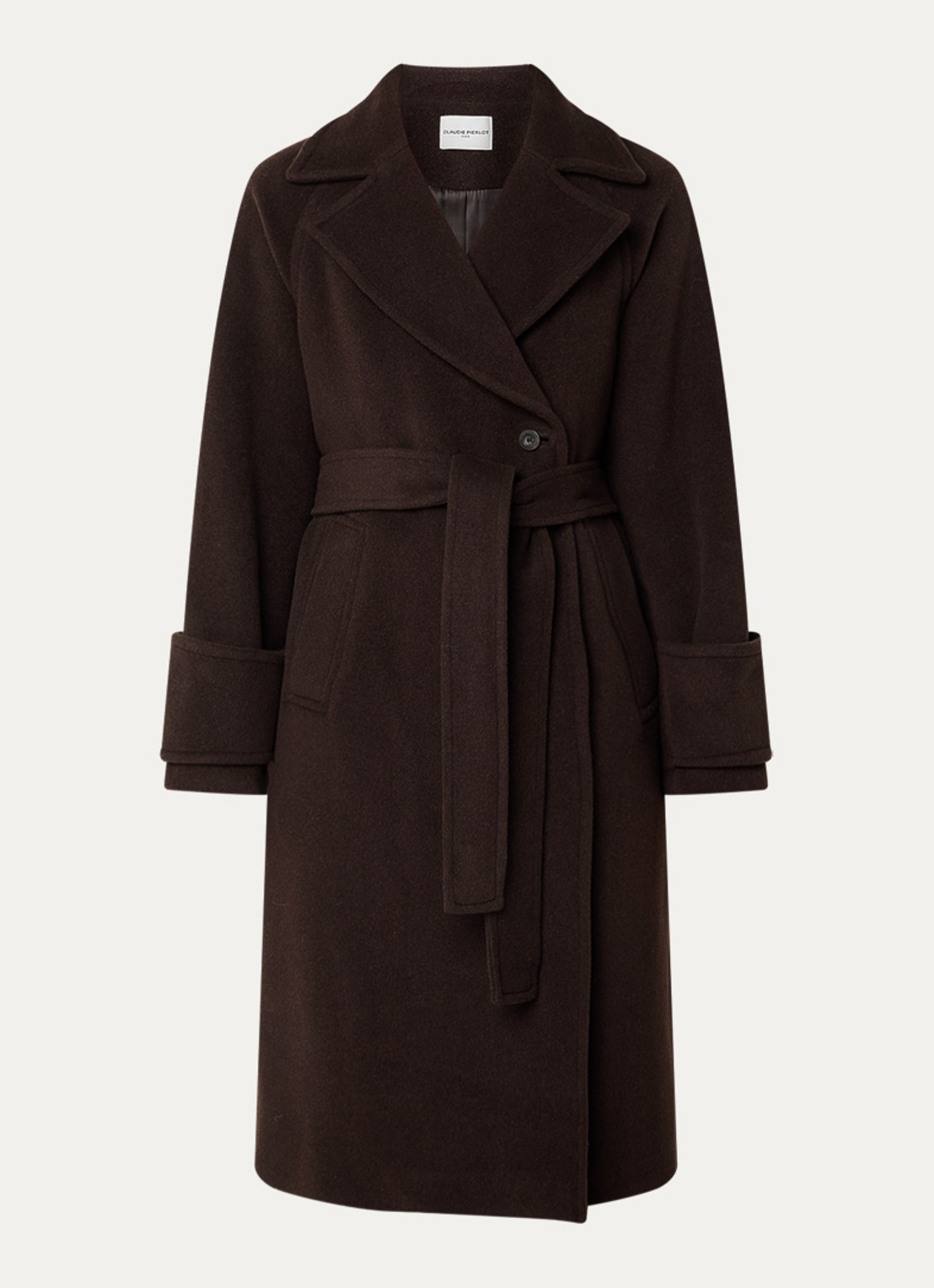 Claudie Pierlot Gama mantel in wolblend met strikceintuur - voorkant donkerbruin
