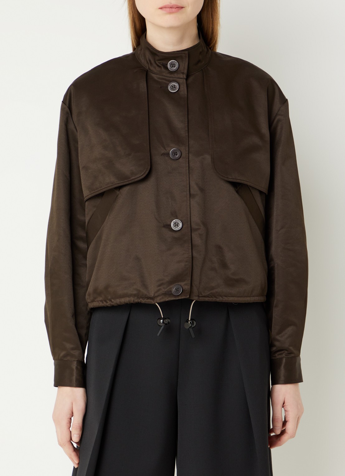 Claudie Pierlot Gaston jack met steekzakken en opstaande kraag - detail bruin