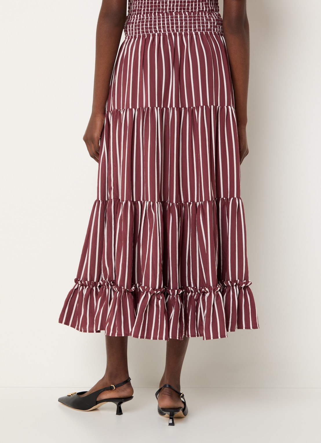 Claudie Pierlot Gelaagde midi rok met streepprint en smockwerk - achterkant 4 bordeauxrood