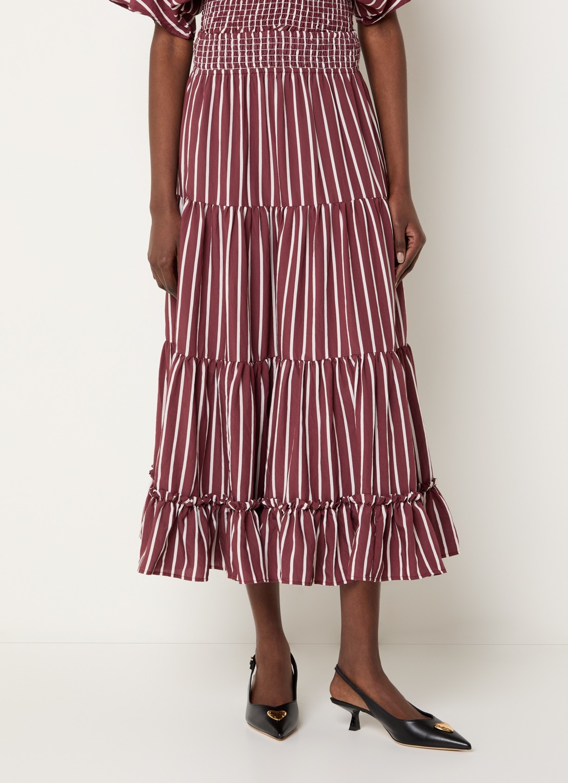 Claudie Pierlot Gelaagde midi rok met streepprint en smockwerk - detail bordeauxrood