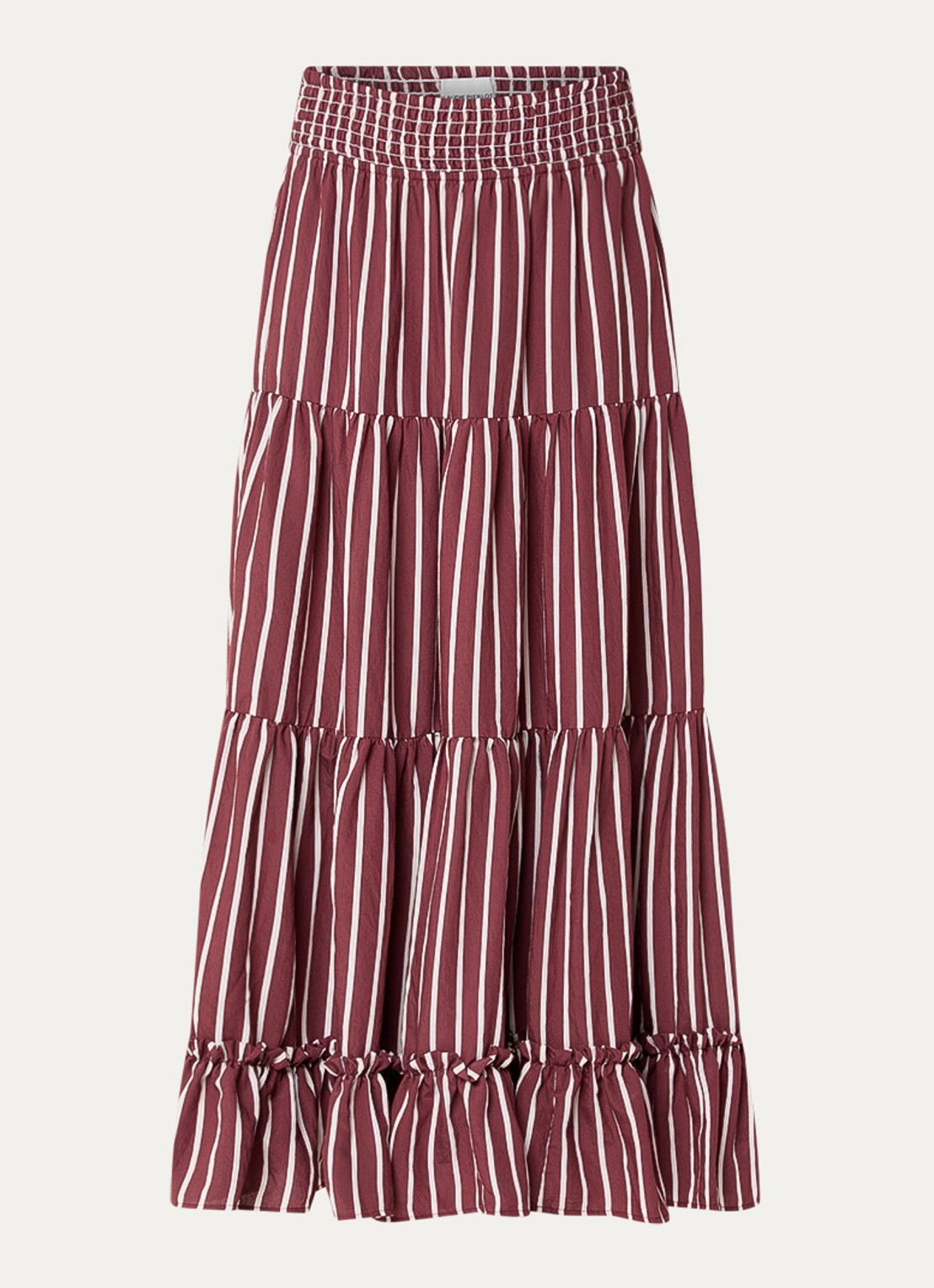 Claudie Pierlot Gelaagde midi rok met streepprint en smockwerk - voorkant 2 bordeauxrood