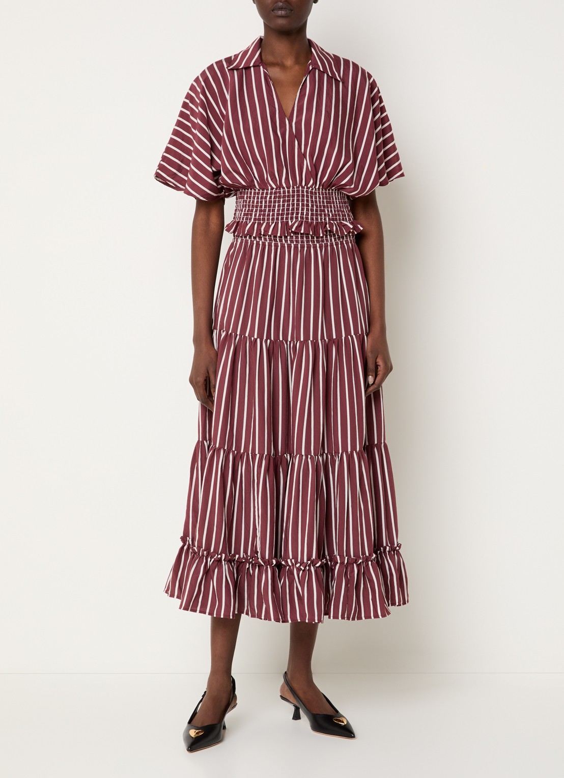 Claudie Pierlot Gelaagde midi rok met streepprint en smockwerk - voorkant 3 bordeauxrood