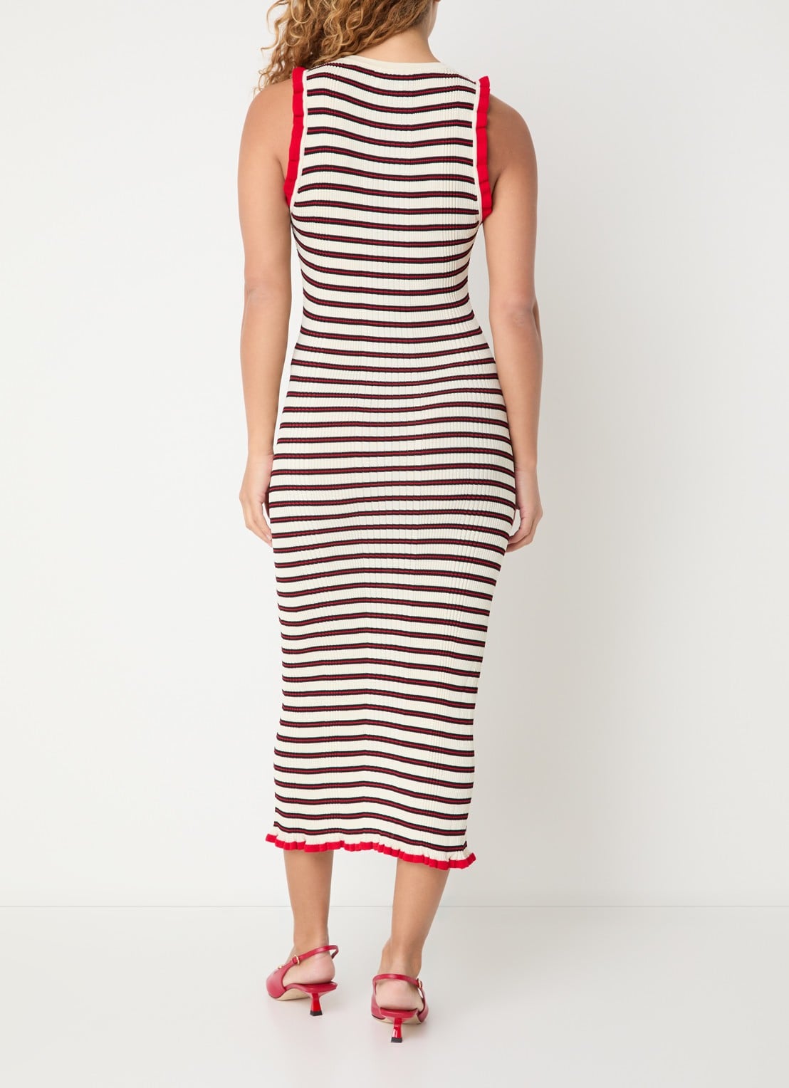 Claudie Pierlot Grofgebreide midi jurk met streepprint - achterkant 3 gebroken wit