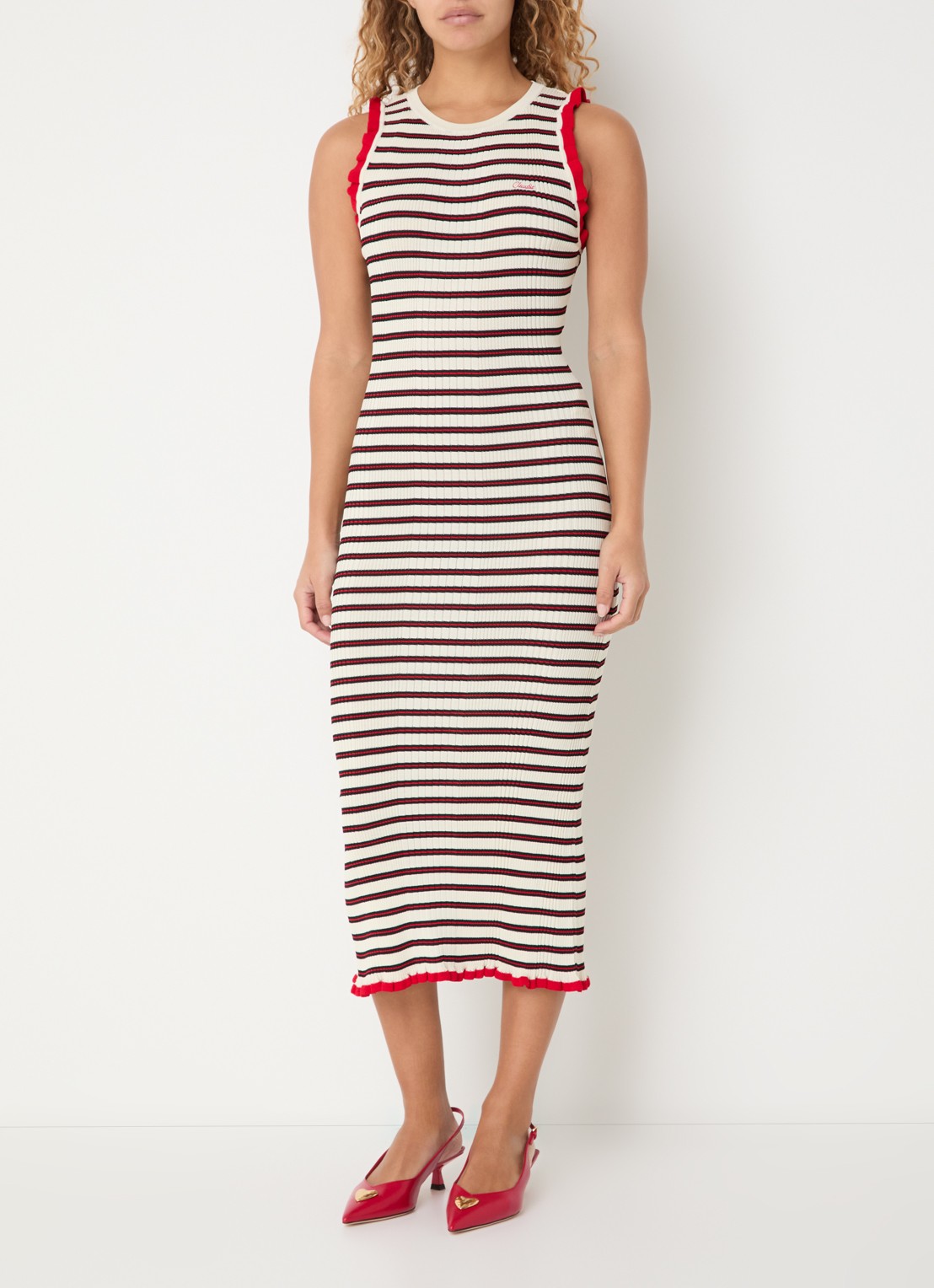 Claudie Pierlot Grofgebreide midi jurk met streepprint - detail 4 gebroken wit
