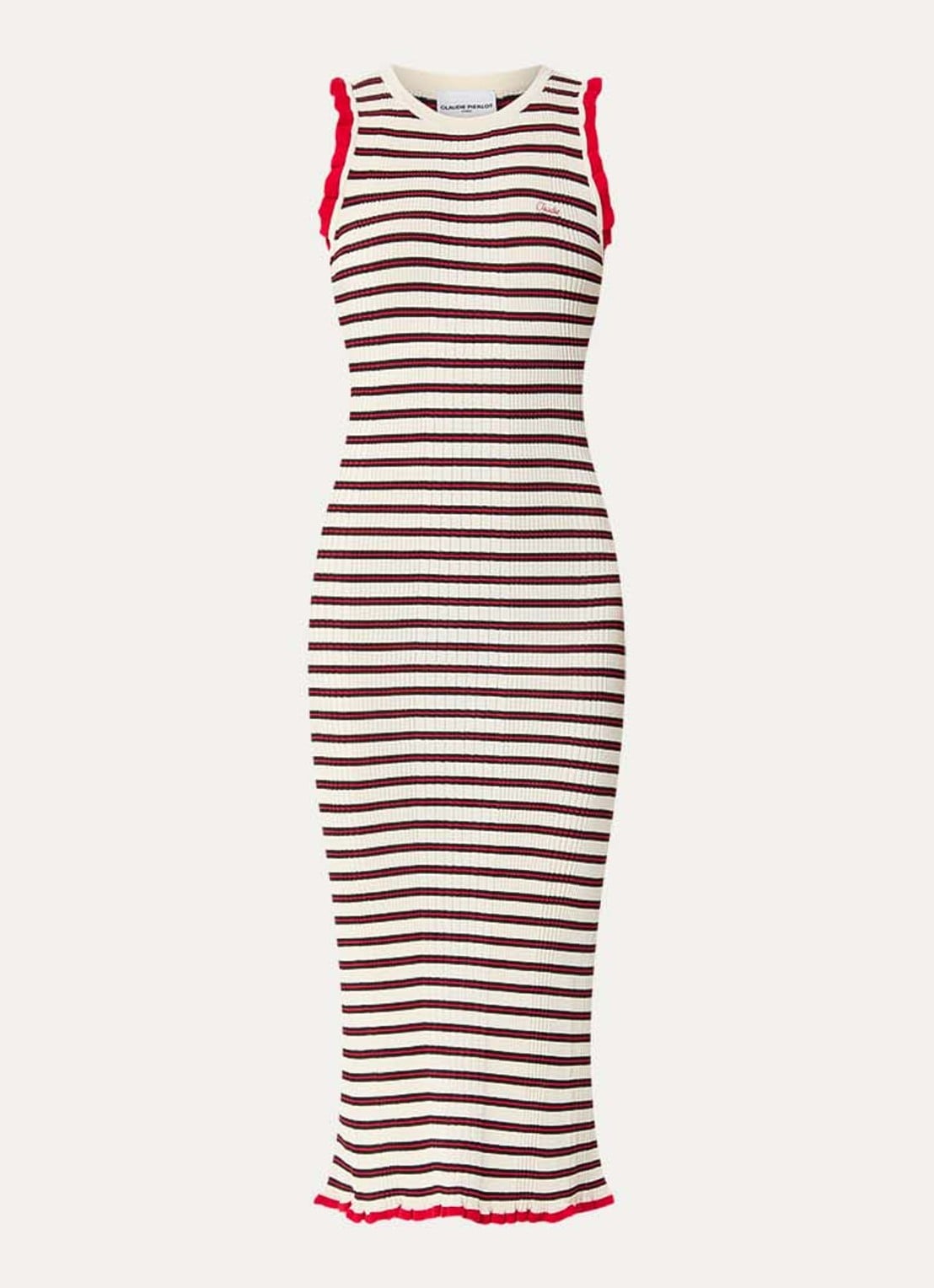 Claudie Pierlot Grofgebreide midi jurk met streepprint - voorkant gebroken wit