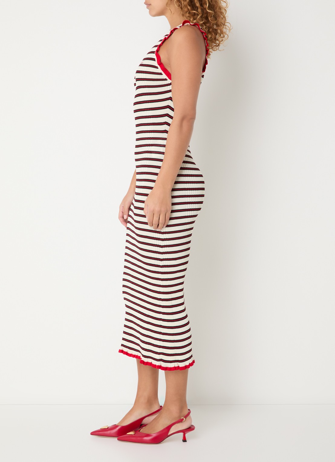 Claudie Pierlot Grofgebreide midi jurk met streepprint - voorkant 2 gebroken wit