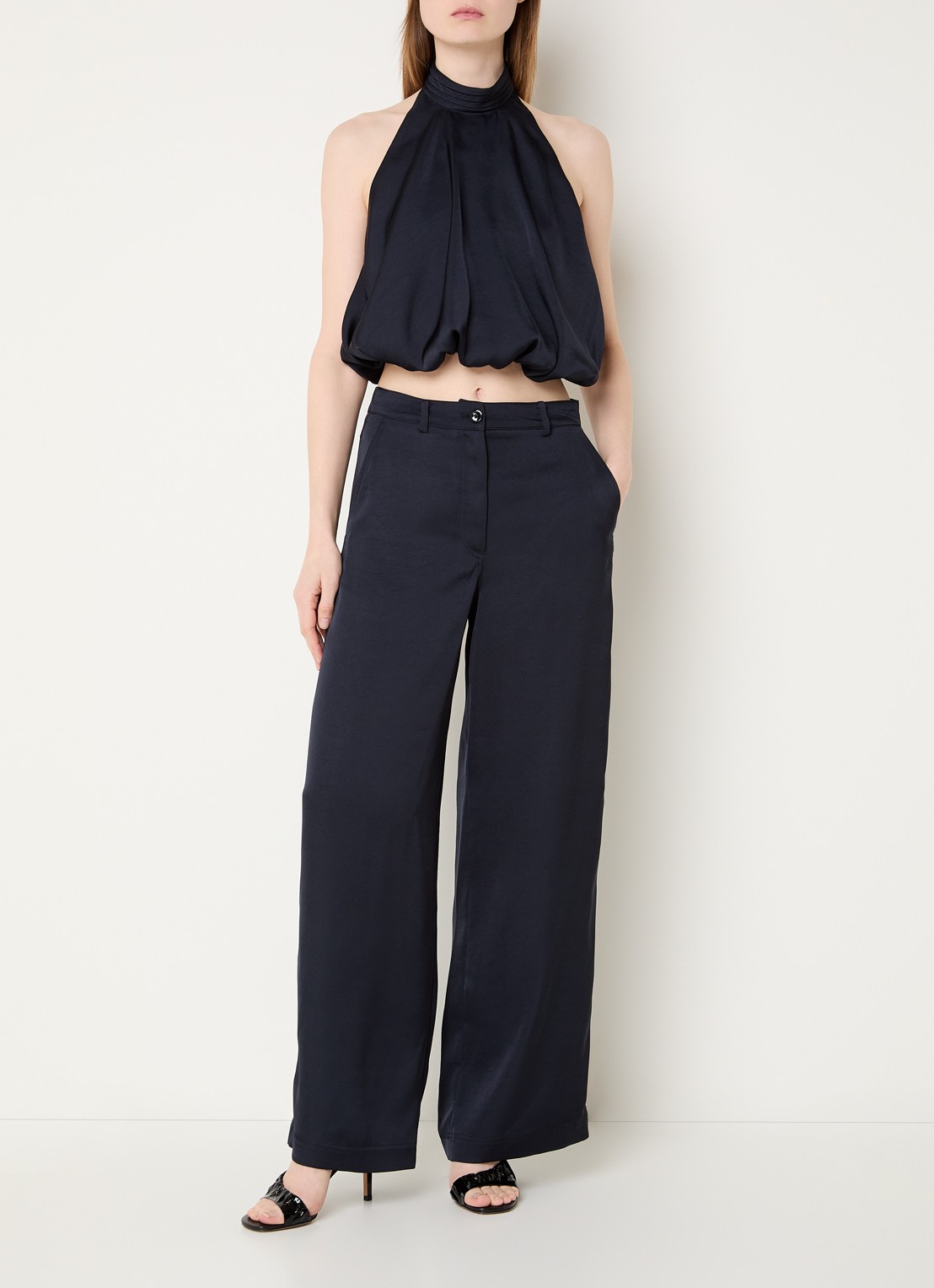 Claudie Pierlot Haltertop van satijn - voorkant 4 donkerblauw