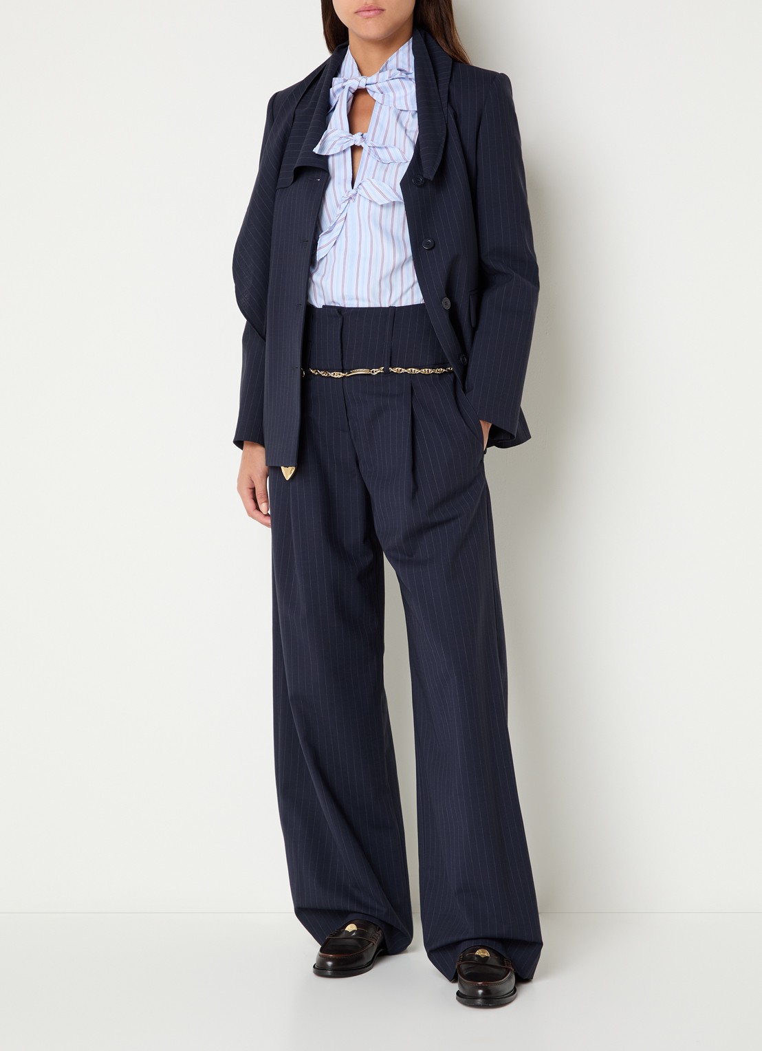 Claudie Pierlot High waist loose fit pantalon in wolblend met krijtstreep - voorkant 2 donkerblauw