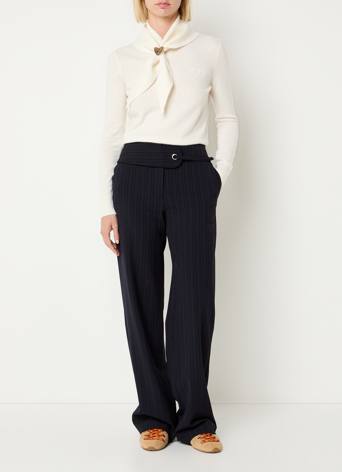 Claudie Pierlot High waist loose fit pantalon met streepprint en steekzakken - voorkant 4 donkerblauw