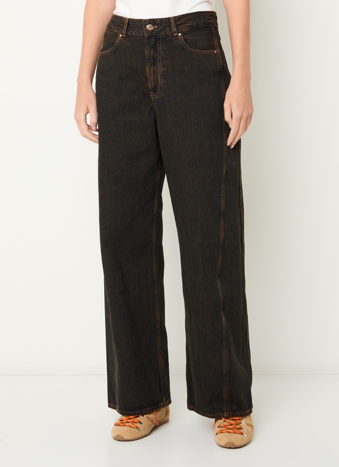 Claudie Pierlot High waist straight leg jeans met gekleurde wassing - detail donkerbruin