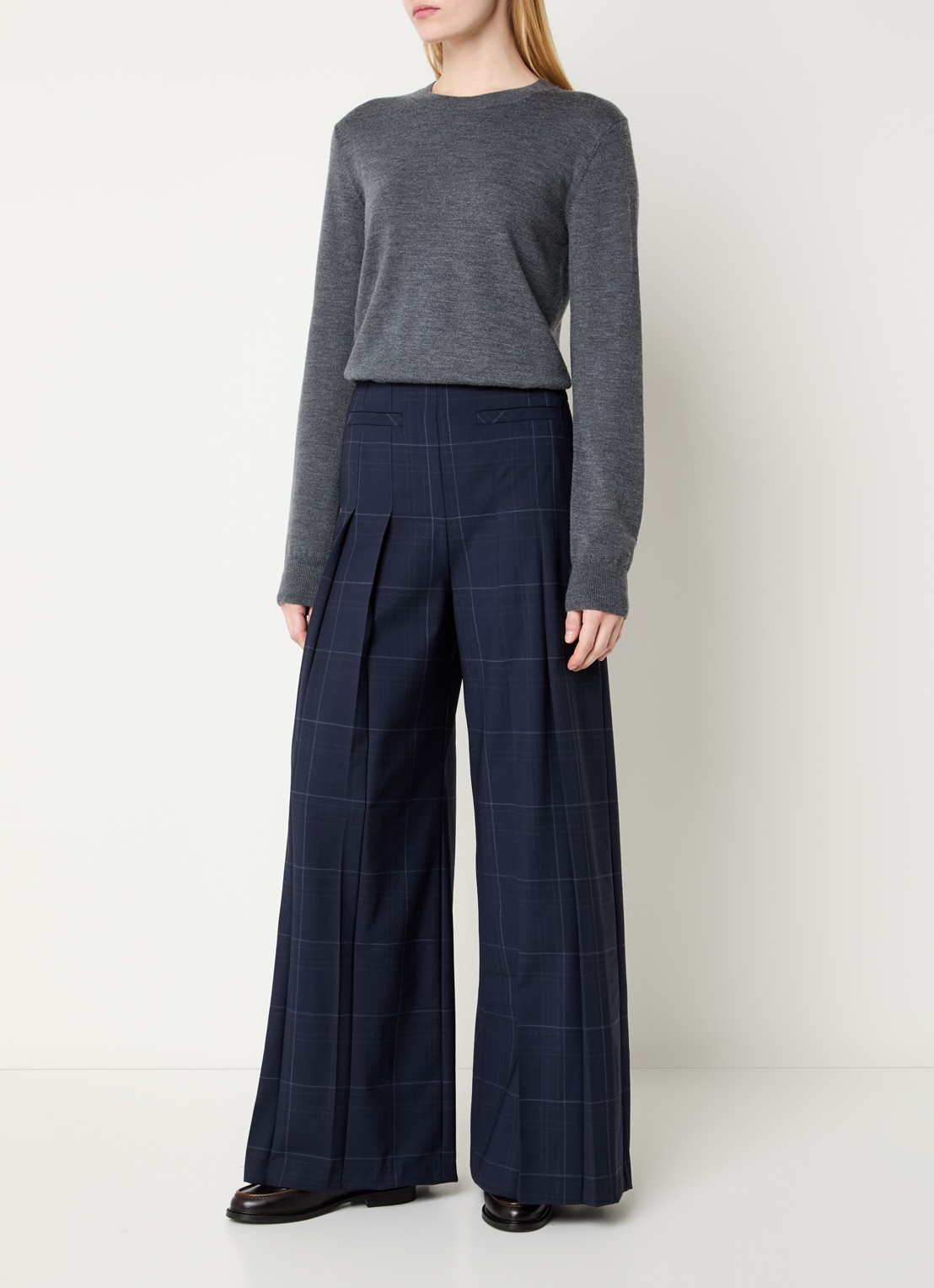 Claudie Pierlot High waist wide fit broek met steekzakken - voorkant 2 donkerblauw