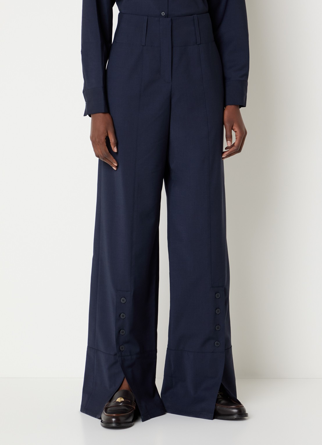 Claudie Pierlot High waist wide fit pantalon in wolblend met knoopdetail - detail 4 donkerblauw