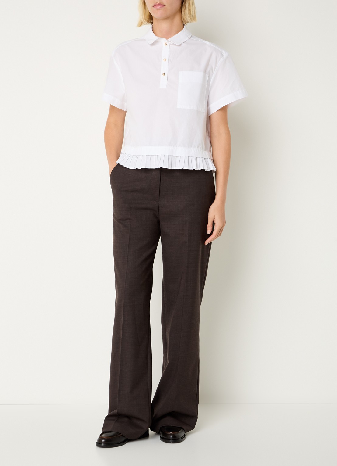 Claudie Pierlot High waist wide fit pantalon in wolblend - voorkant 3 donkerbruin