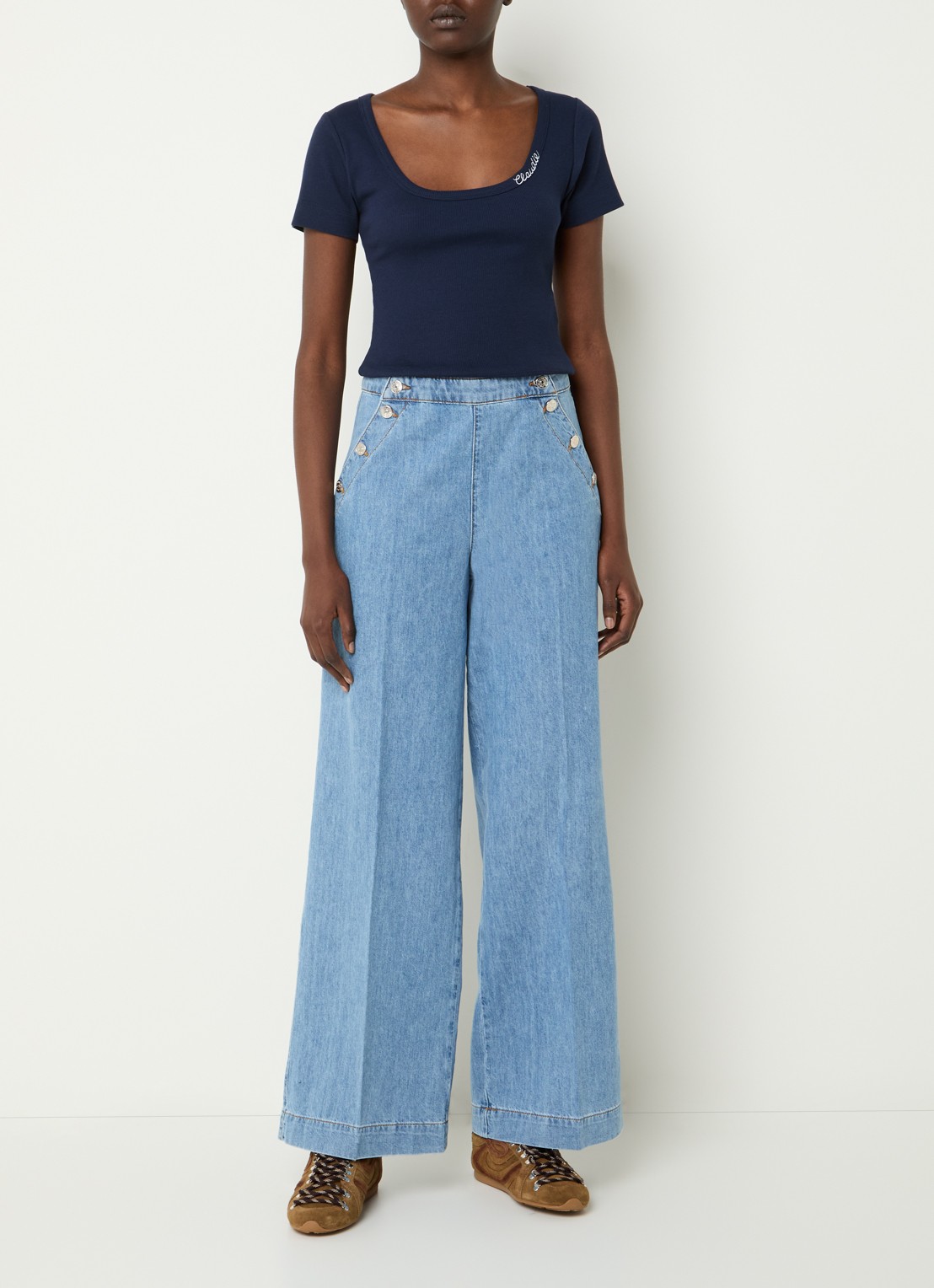 Claudie Pierlot High waist wide leg jeans met lichte wassing - voorkant 4 lichtblauw