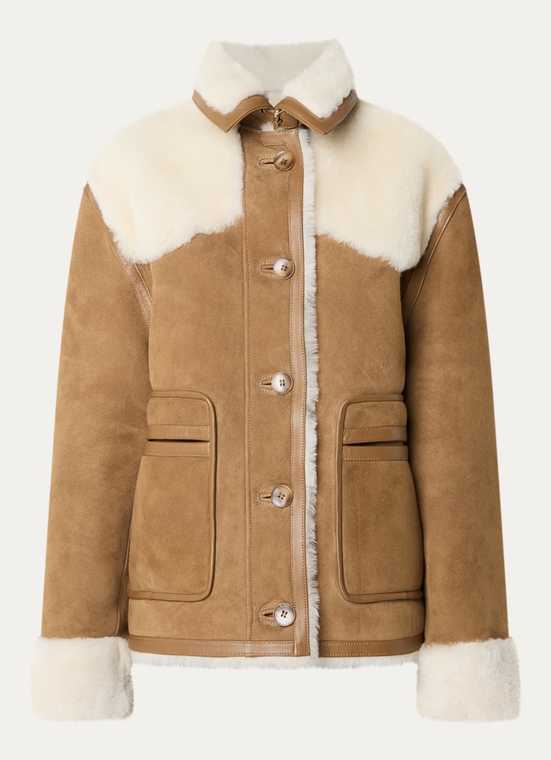 Claudie Pierlot Lammy coat van schapensuède met opgestikte zakken - voorkant 2 camel
